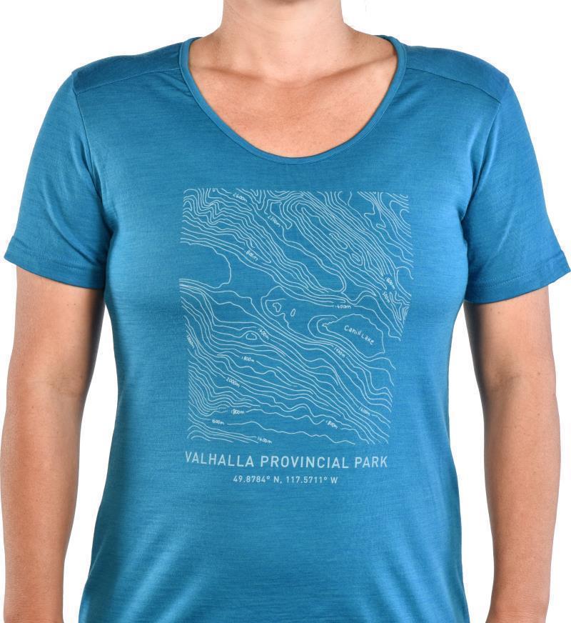 PURE naturals 100% Merino SS T-Shirt - Valhalla Provincial Park Map - Womens - Lake 4