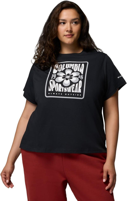 Rolling Bend Seasonal Graphic Tee, Extended - Womens - black / flower power badge 1