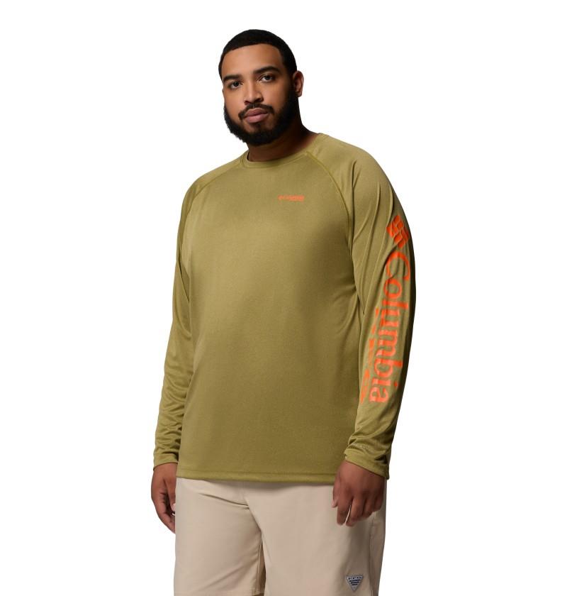 Terminal Tackle LS Shirt, Extended - Mens - grove green heather / spark orange logo 1
