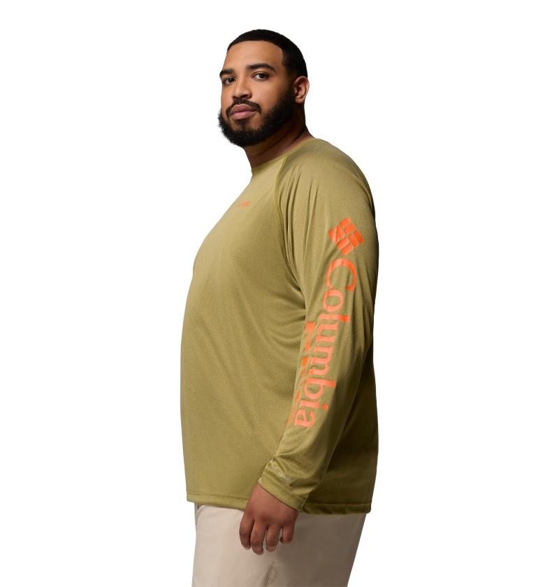 Terminal Tackle LS Shirt, Extended - Mens - grove green heather / spark orange logo 1