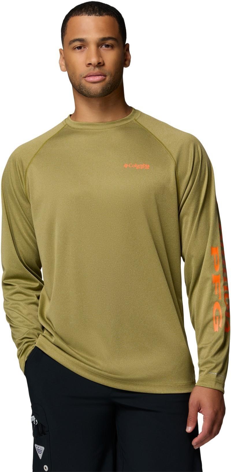 Terminal Tackle LS Shirt, Tall - Mens - grove green heather / spark orange logo 1