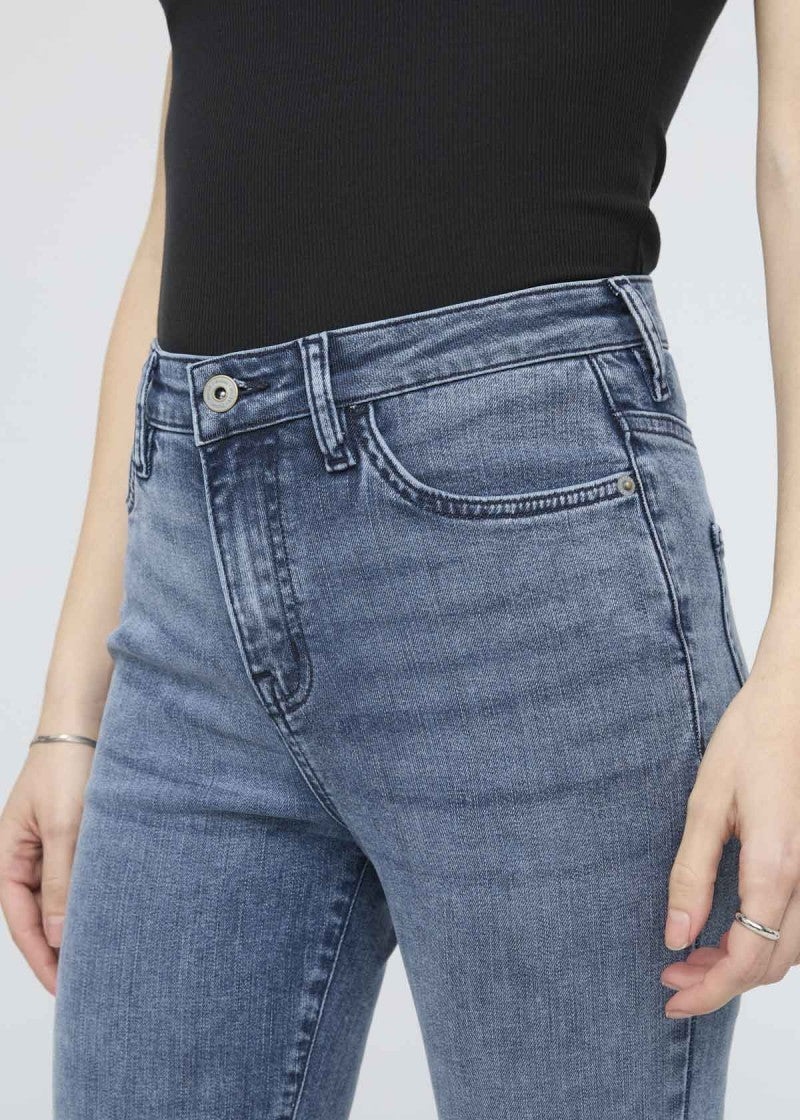 No Sweat Denim High-Rise Kick Flare Jeans, 26" Inseam - Womens - textured indigo 1