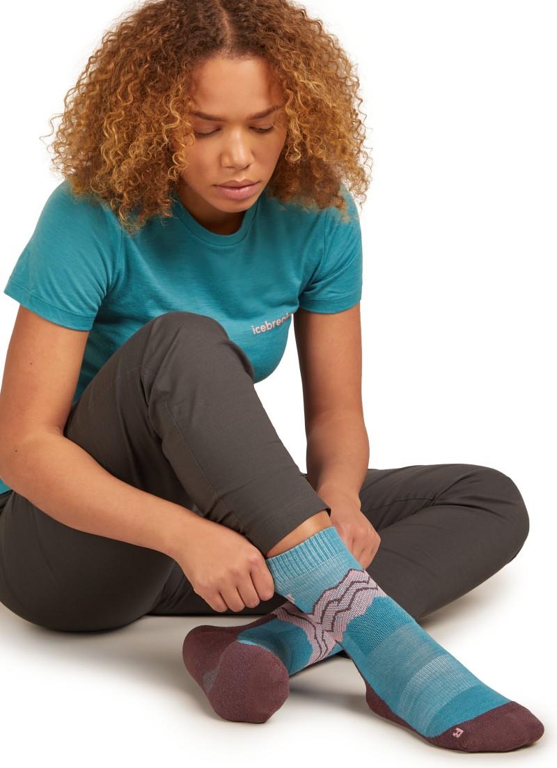 Merino Hike+ Crew Socks - Medium -  Across the Peaks - Womens - topaz / java / acid pink 1