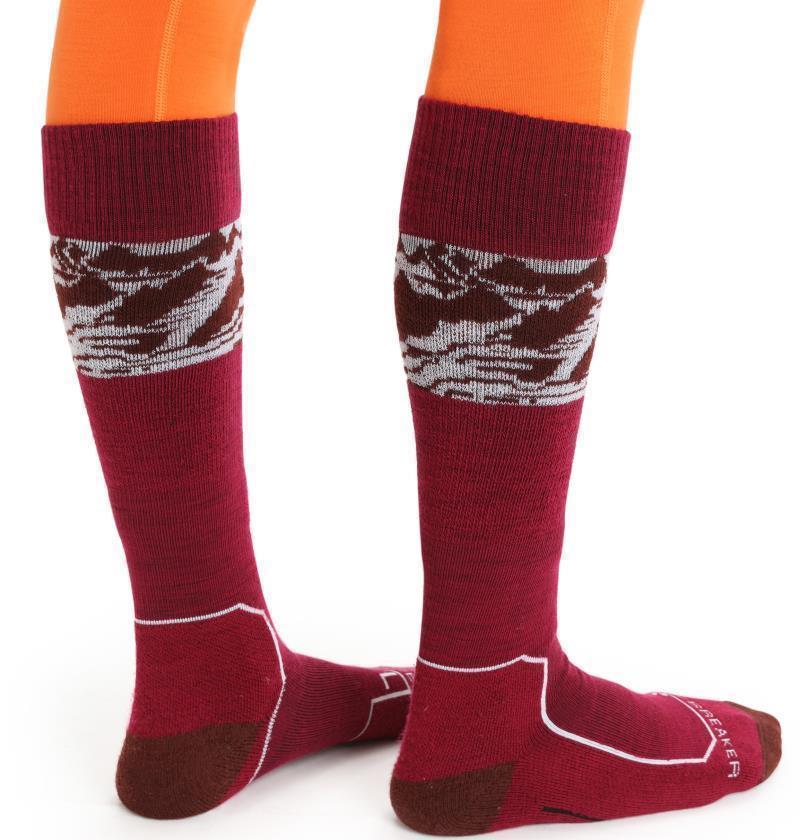 Ski+ Over The Calf Socks - Light - Alps 3D - Womens - Cherry / Espresso / Snow 3