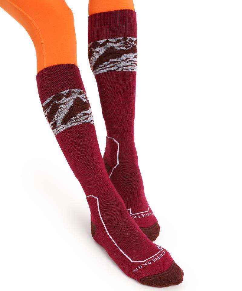 Ski+ Over The Calf Socks - Light - Alps 3D - Womens - Cherry / Espresso / Snow 4