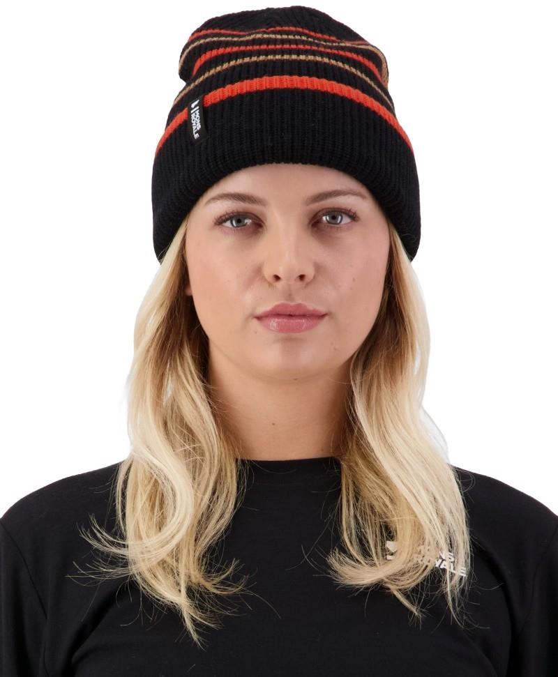 Stripey Merino Beanie - black / sun orange / tan 1