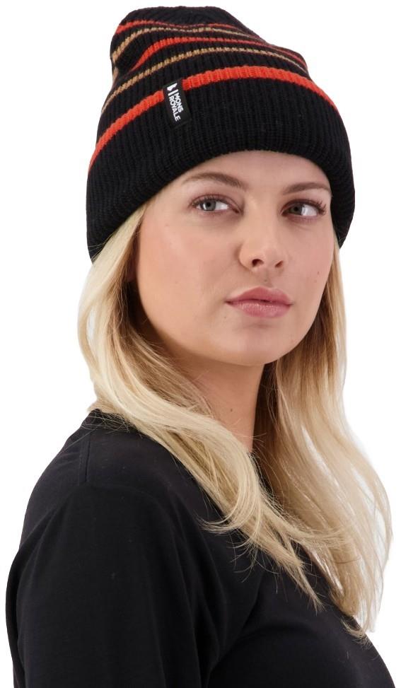 Stripey Merino Beanie - black / sun orange / tan 1