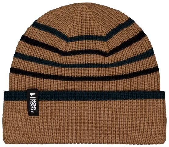 Stripey Merino Beanie - tan / dark pine / black 1