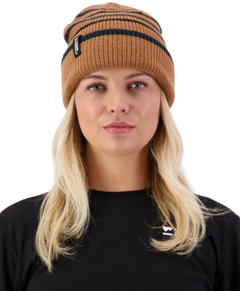Stripey Merino Beanie - tan / dark pine / black 1