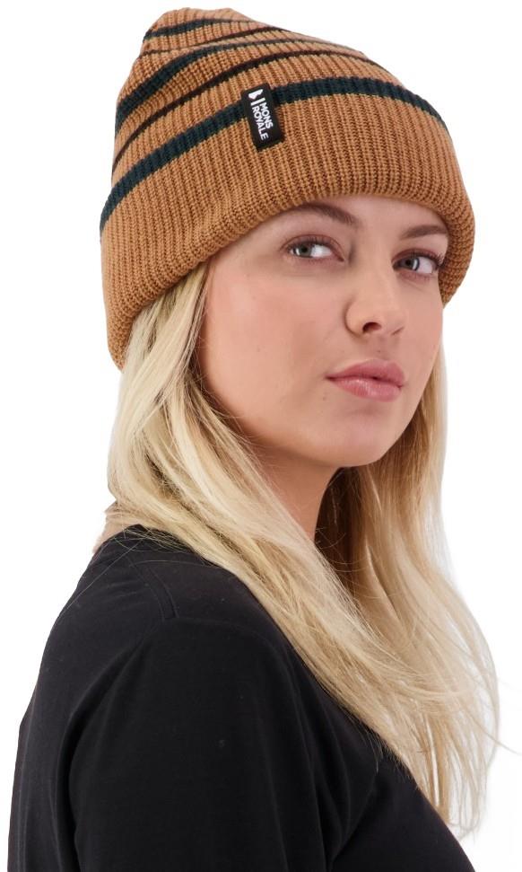 Stripey Merino Beanie - tan / dark pine / black 1