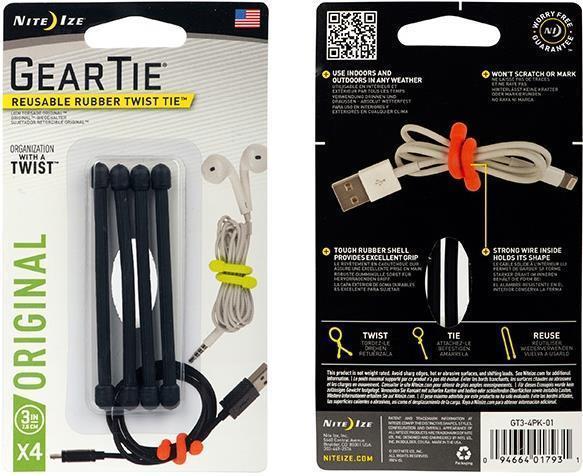 Gear Tie Reusable Rubber Twist Tie 3" - 4 Pack - Black 1