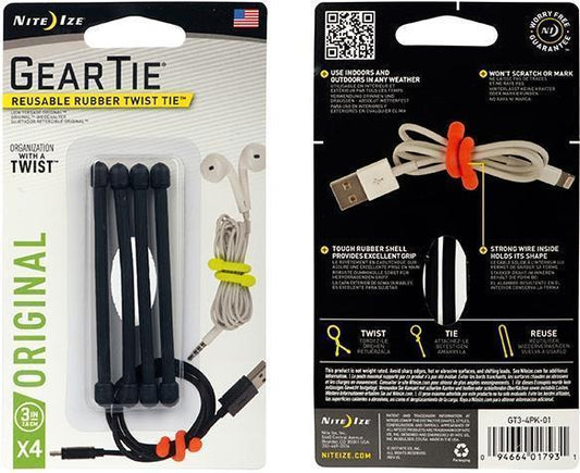 Gear Tie Reusable Rubber Twist Tie 3" - 4 Pack - Black 1