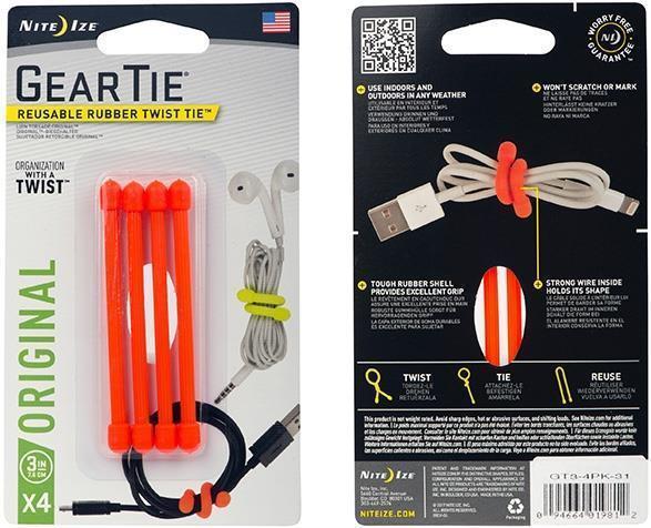 Gear Tie Reusable Rubber Twist Tie 3" - 4 Pack - Bright Orange 1