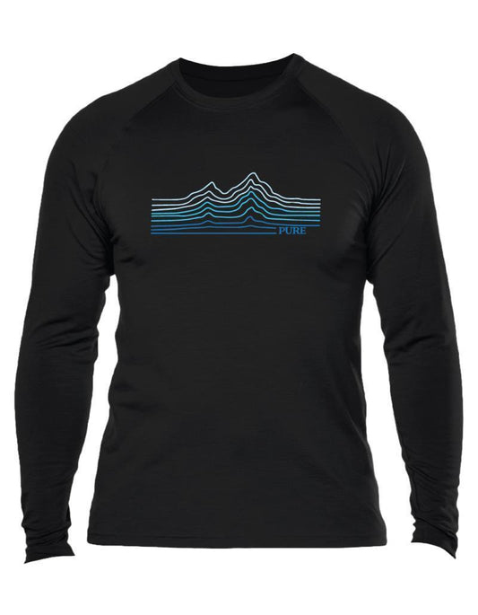100% Merino, Linear Mountains, LS T-Shirt, 160gm - Mens - Black 1
