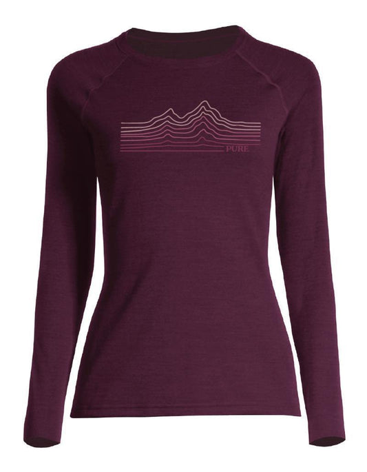 100% Merino, Linear Mountains, LS T-Shirt, 160gm - Womens - Eggplant 1