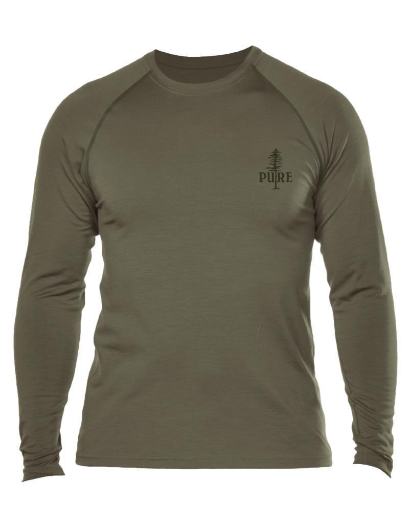 100% Merino, Small PURE Tree, LS T-Shirt, 160gm - Mens - Olive 1