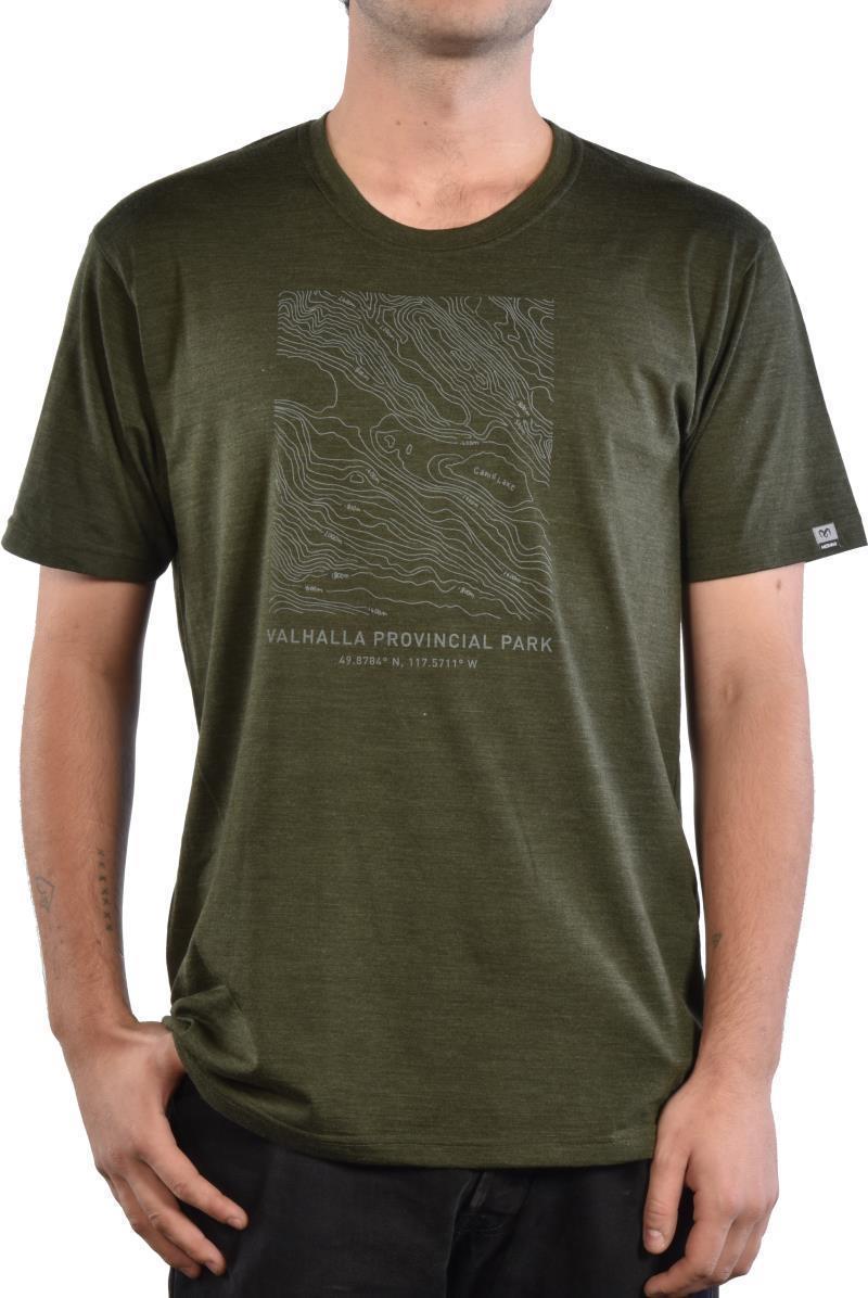 PURE naturals 100% Merino SS T-Shirt - Valhalla Provincial Park Map - Mens - Olive 1