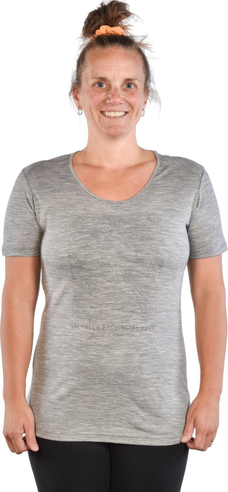 PURE naturals 100% Merino SS T-Shirt - Valhalla Provincial Park Map - Womens - Ash 2
