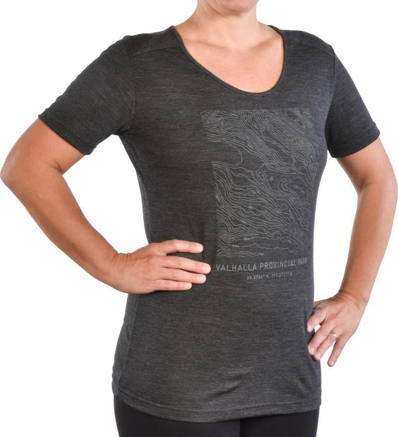 PURE naturals 100% Merino SS T-Shirt - Valhalla Provincial Park Map - Womens - Charcoal 1