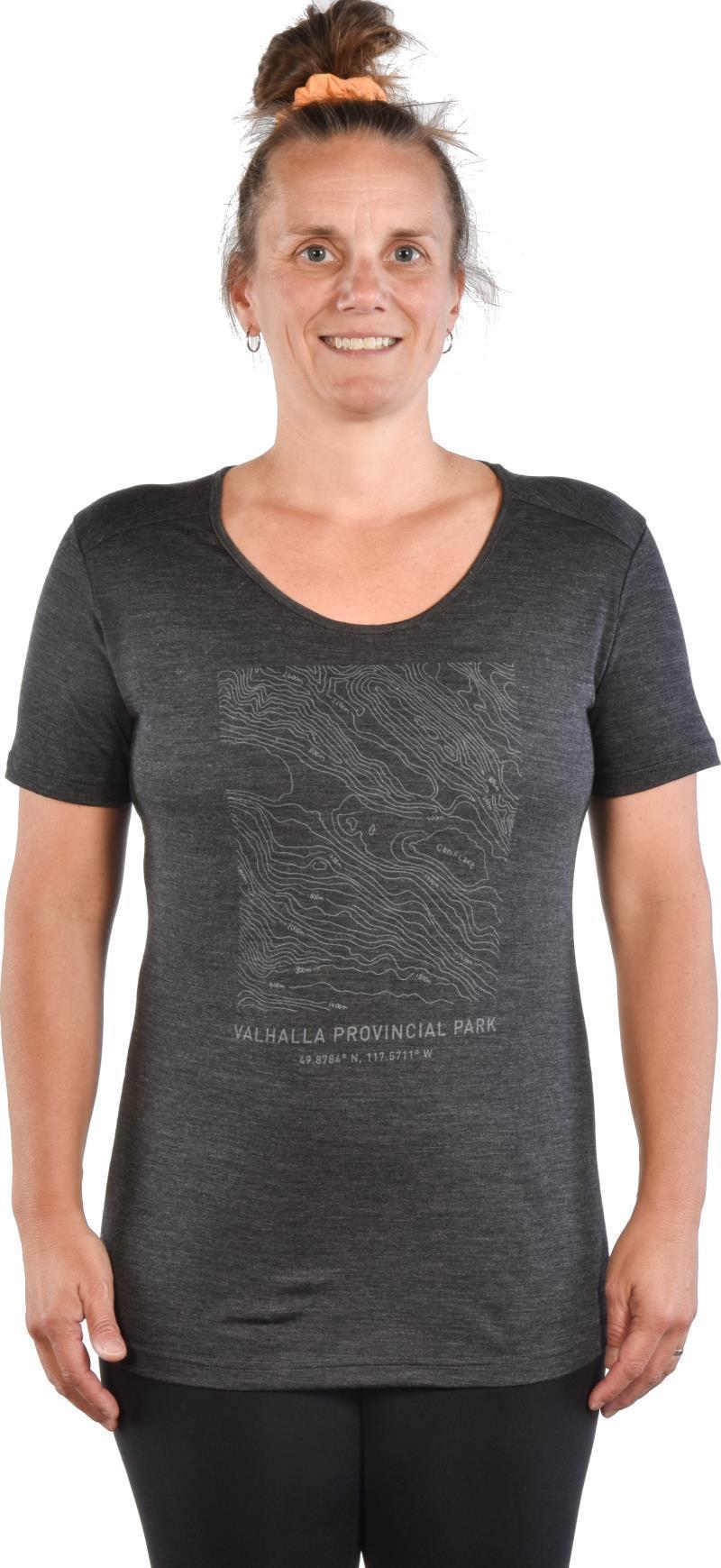 PURE naturals 100% Merino SS T-Shirt - Valhalla Provincial Park Map - Womens - Charcoal 2