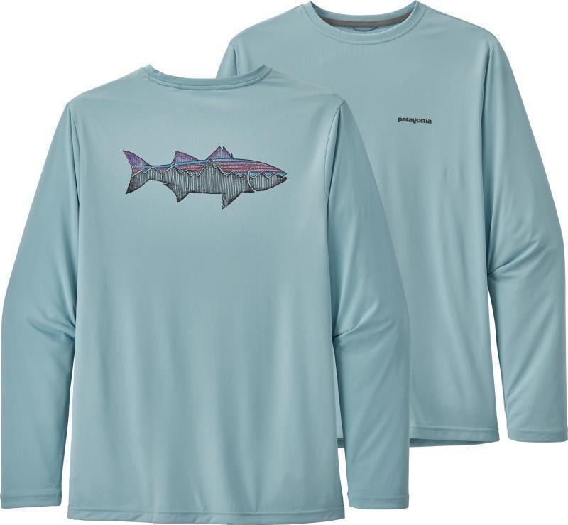 Capilene Cool Daily Fish Graphic LS Shirt - Mens - sketched fitz roy striper / big sky blue 1