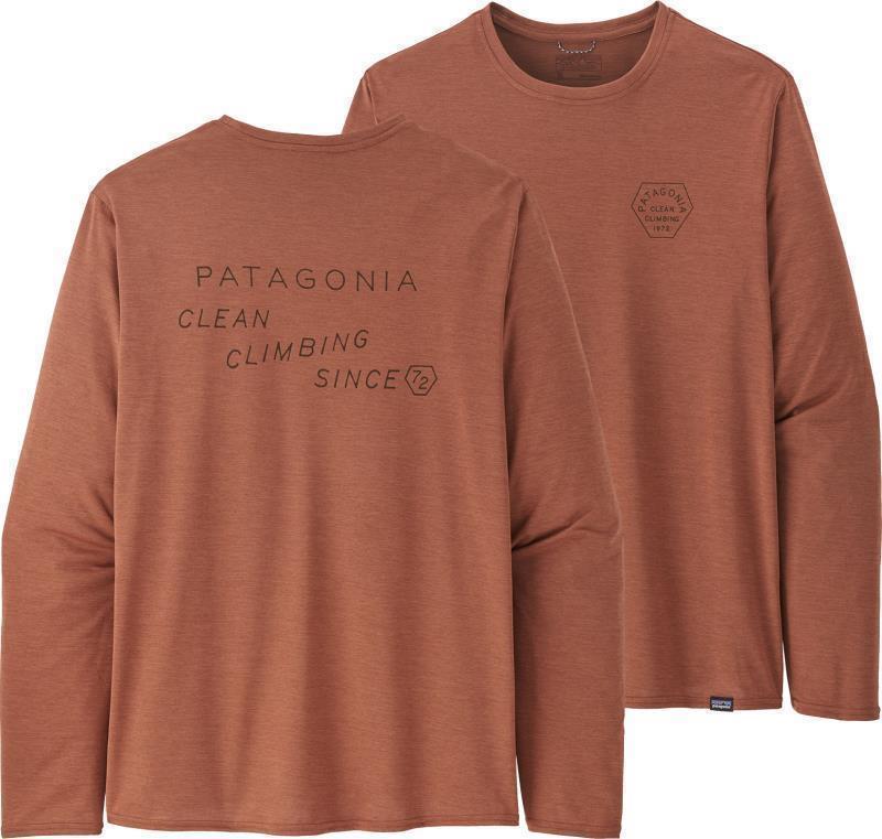 Capilene Cool Daily Graphic LS Shirt - Mens - clean climb type / sisu brown x-dye 1