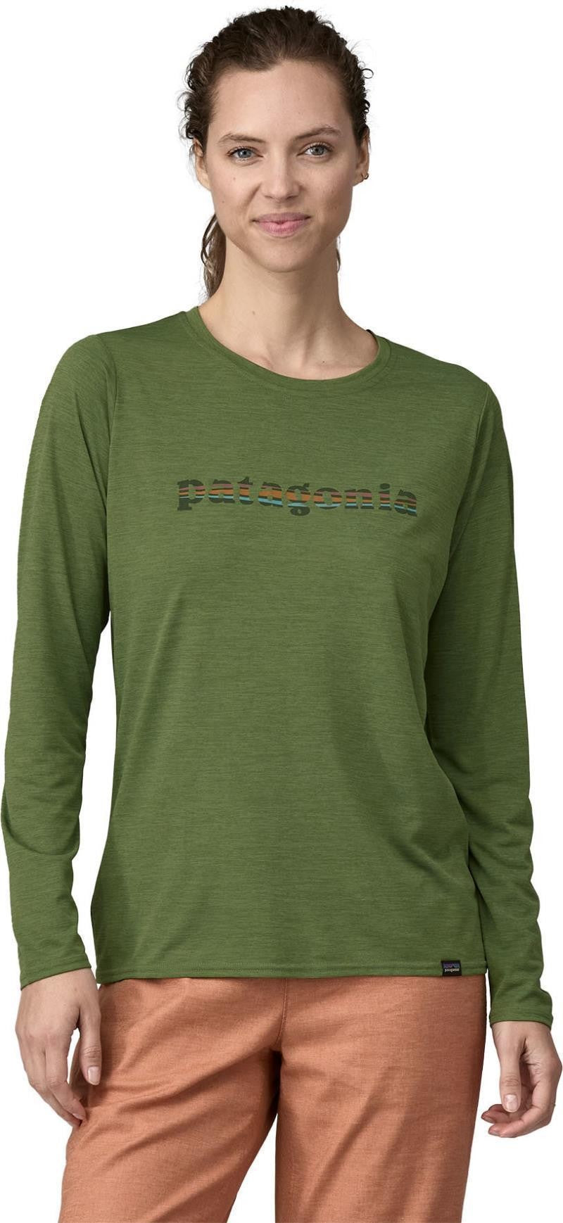 Capilene Cool Daily Graphic LS Shirt - Womens - 73 text logo / terrain green x-dye 1