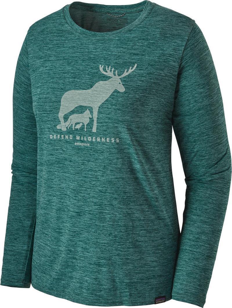 Capilene Cool Daily Graphic LS Shirt - Womens - Defend Wilderness / Piki Green X-Dye 1