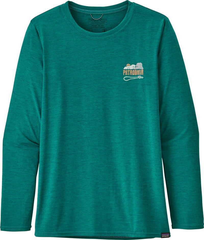 Capilene Cool Daily Graphic LS Shirt - Womens - save the splitters / borealis green x-dye 1