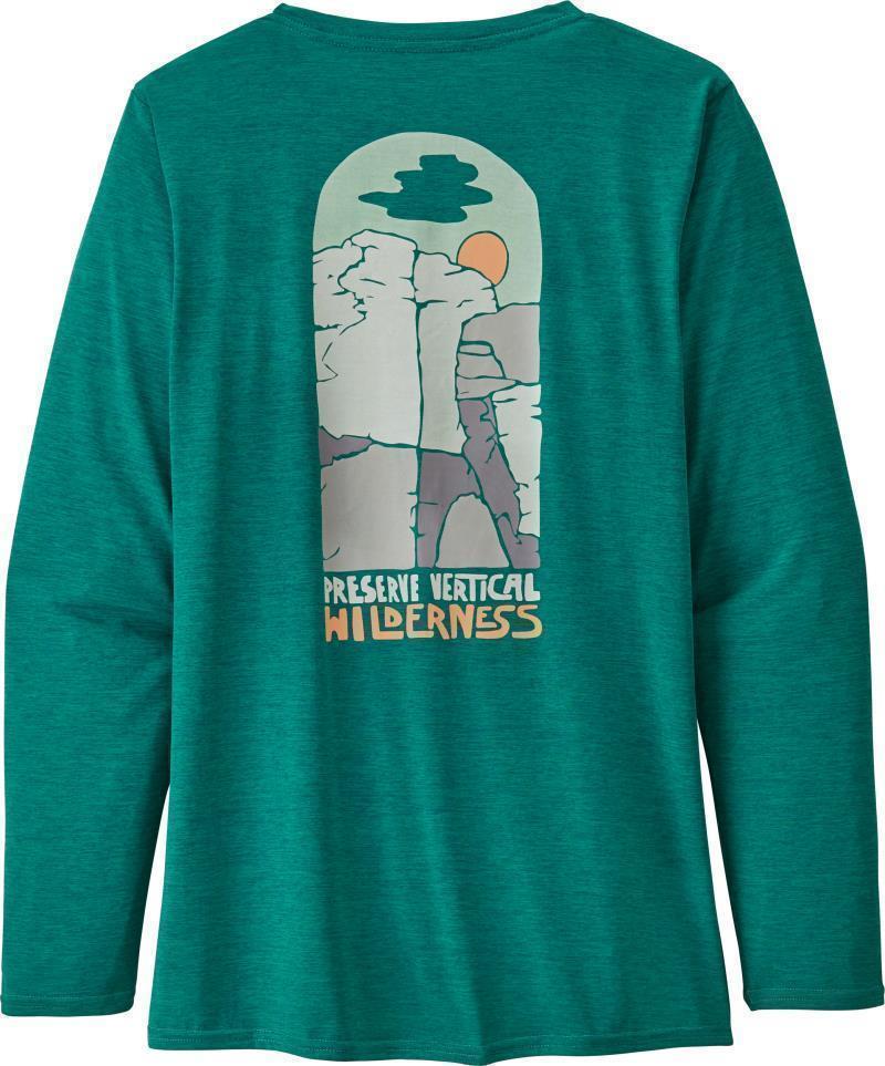 Capilene Cool Daily Graphic LS Shirt - Womens - save the splitters / borealis green x-dye 1