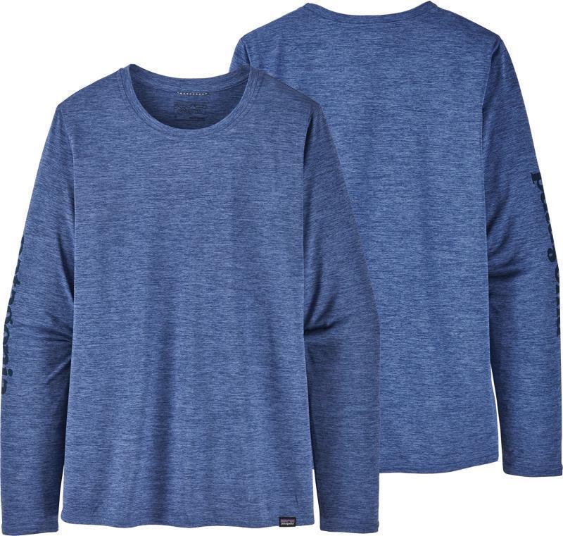 Capilene Cool Daily Graphic LS Shirt - Womens - text logo / current blue x-dye 1