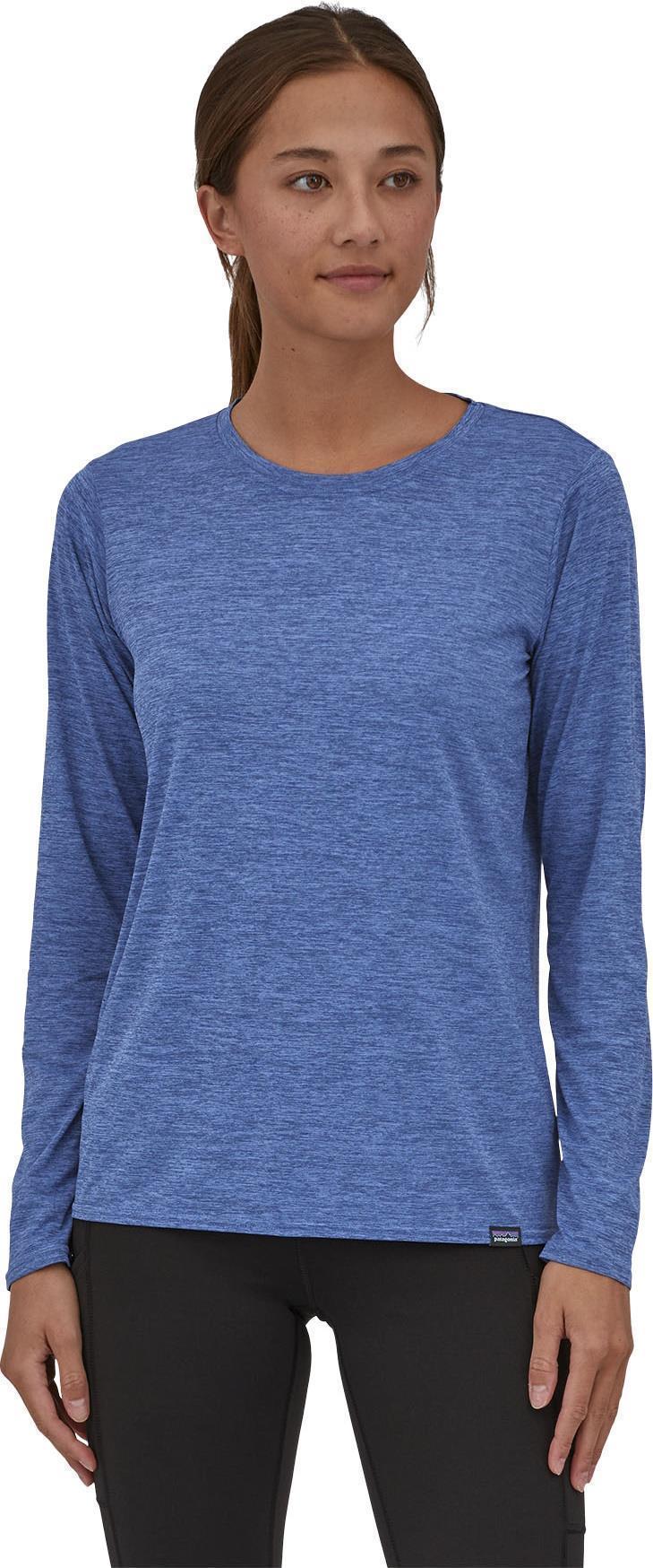 Capilene Cool Daily Graphic LS Shirt - Womens - text logo / current blue x-dye 1