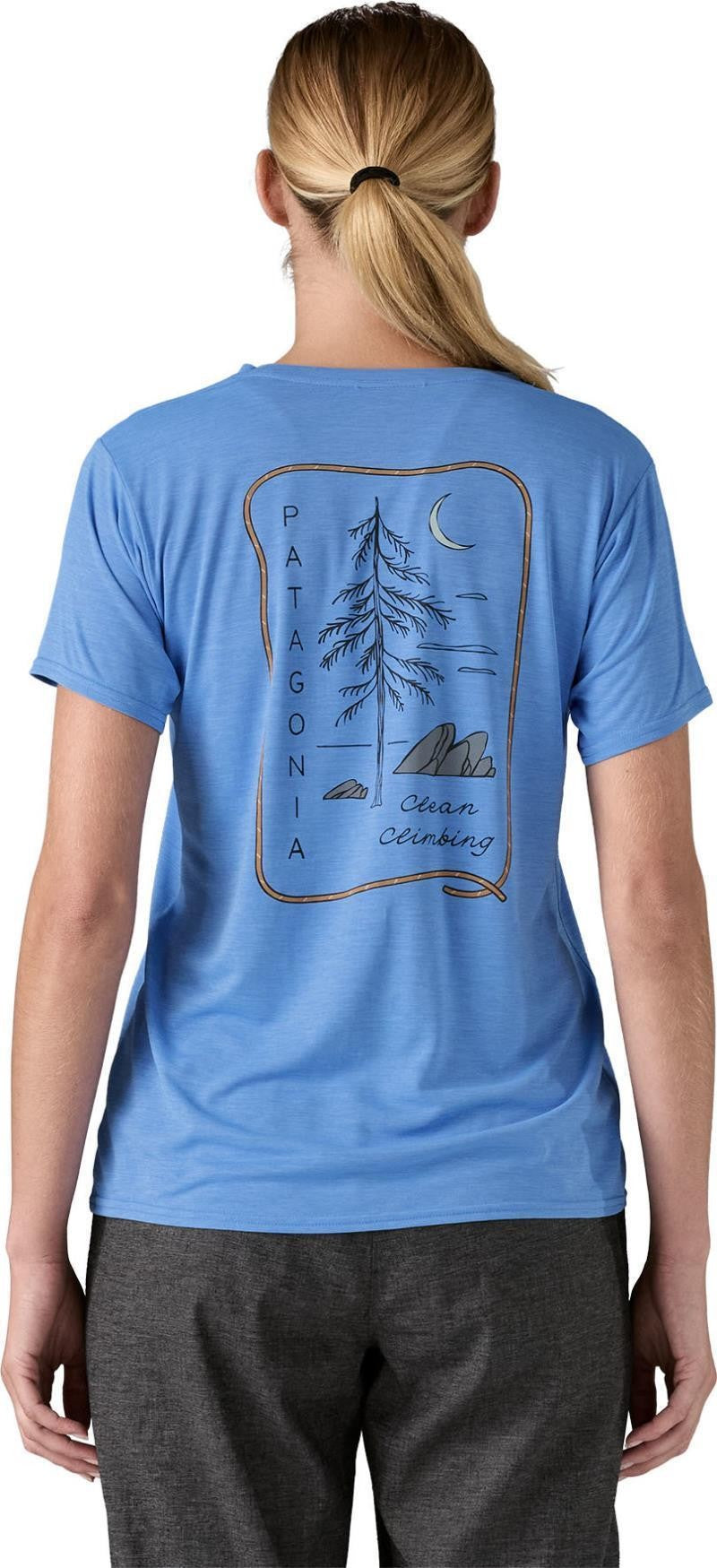 Capilene Cool Daily Graphic SS Shirt - Lands - Womens - clean climb roots / abundant blue x-dye 1