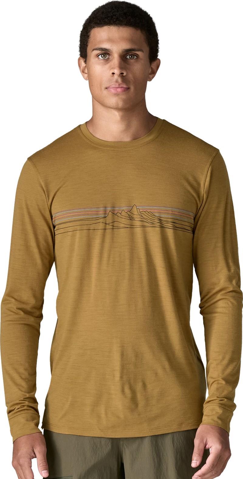 Capilene Cool Merino Blend Graphic LS Shirt - Mens - strata stripe / bobcat brown 1