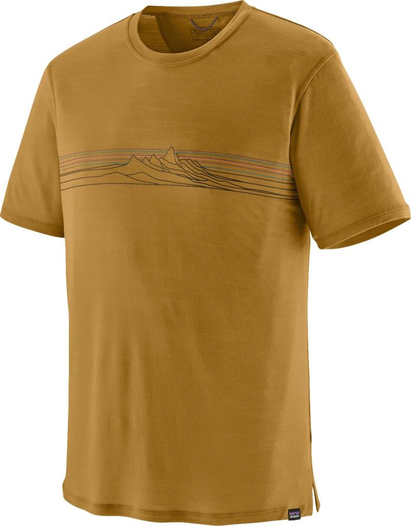 Capilene Cool Merino Blend Graphic SS Shirt - Mens - strata stripe / bobcat brown 1