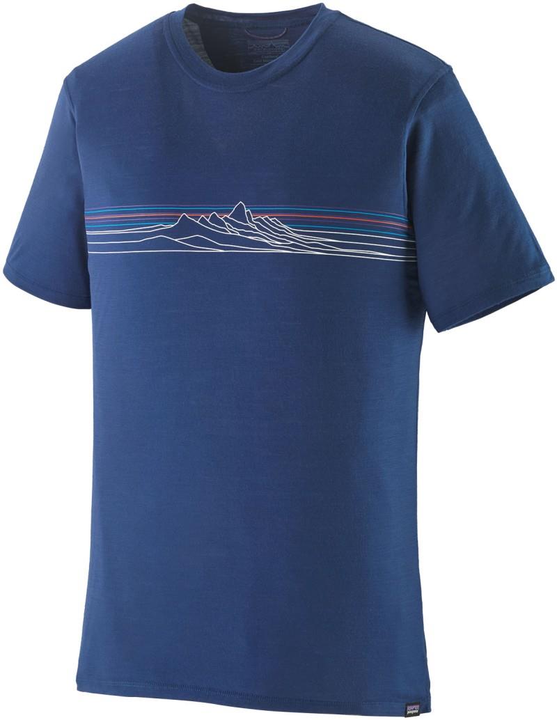 Capilene Cool Merino Blend Graphic SS Shirt - Mens - strata stripe / clement blue 1