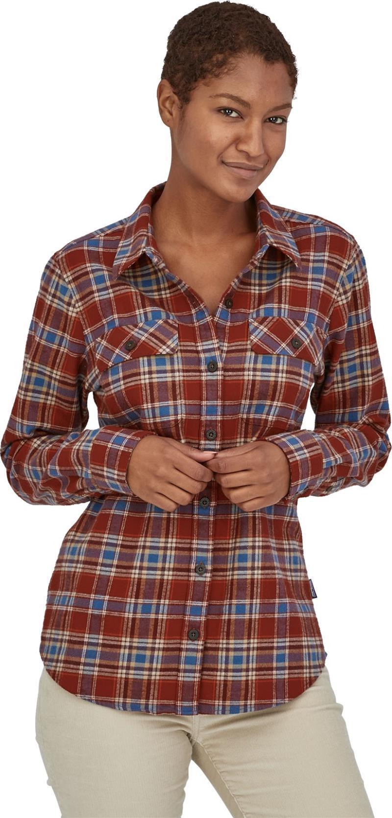 Organic Cotton Midweight Fjord Flannel LS Shirt - Womens - Ice Fjord / Fox Red 2