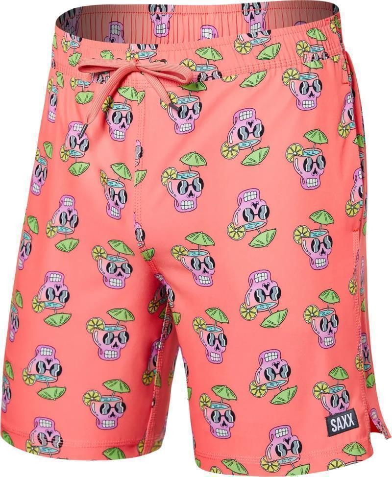 Oh Buoy 2n1 Volley Shorts, 7" Inseam - Mens - drunken skulls-hot coral 1