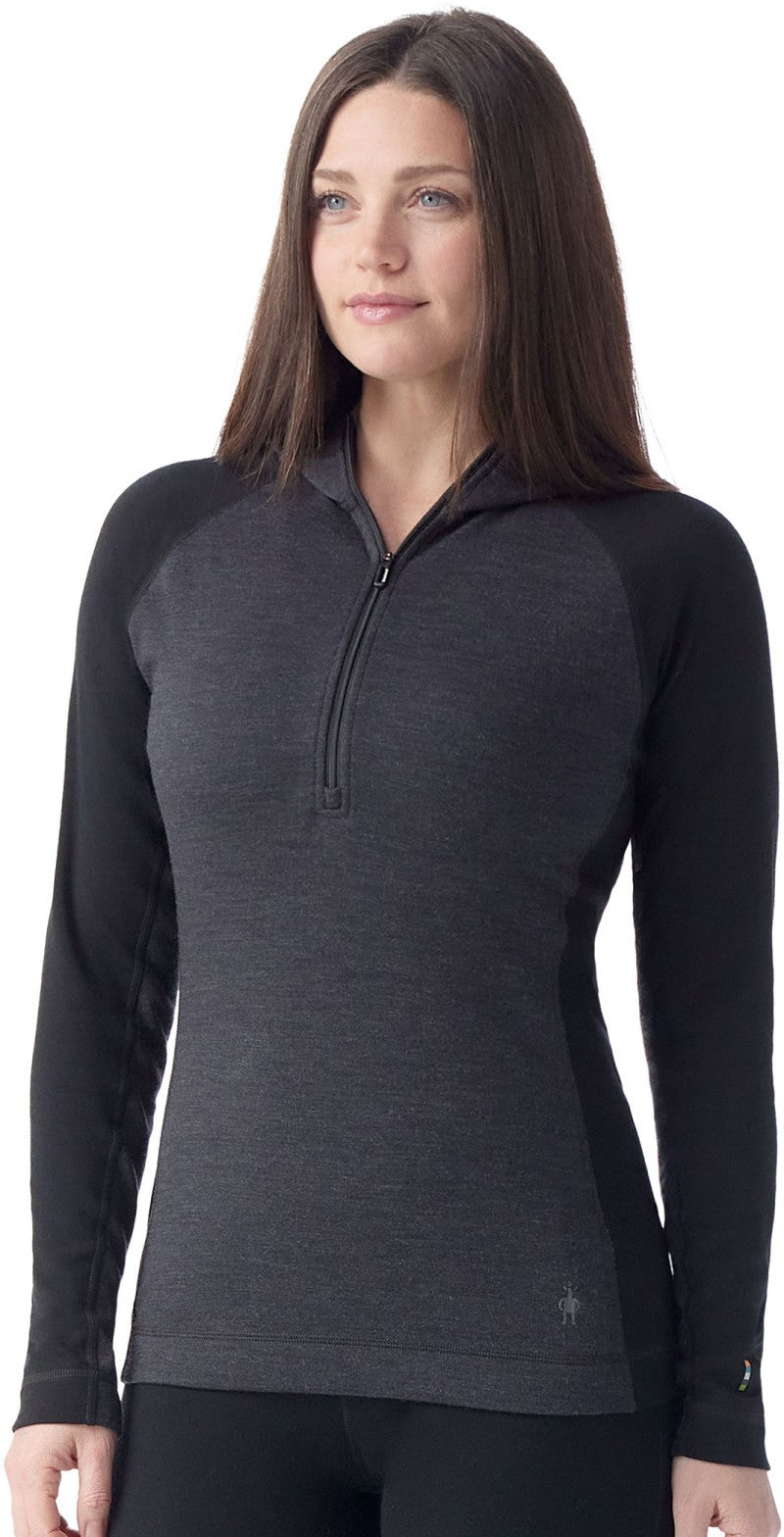 Classic Thermal Merino Base Layer 1/2 Zip Hoodie - Womens - black / charcoal heather 1