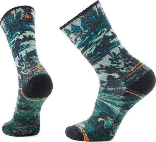 Hike Light Cushion Campground Print Crew Socks - Unisex - Winter Moss 1