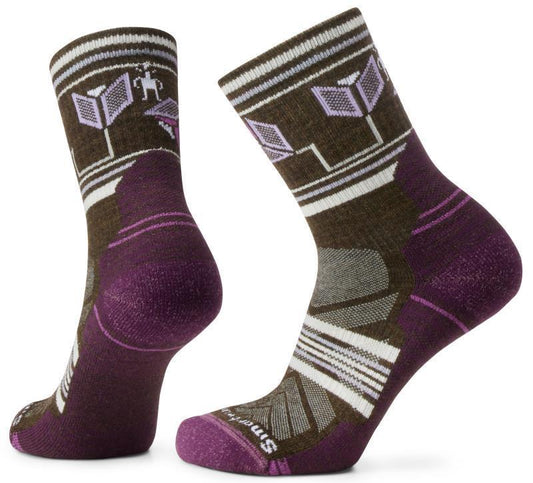 Hike Light Cushion Castle Peak Pattern Mid Crew Socks - Womens - Military Olive 1