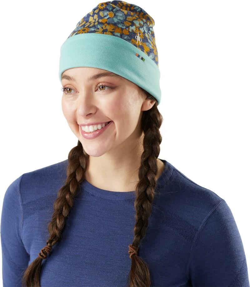 Thermal Merino Reversible Cuffed Beanie - nightfall blue floral 1