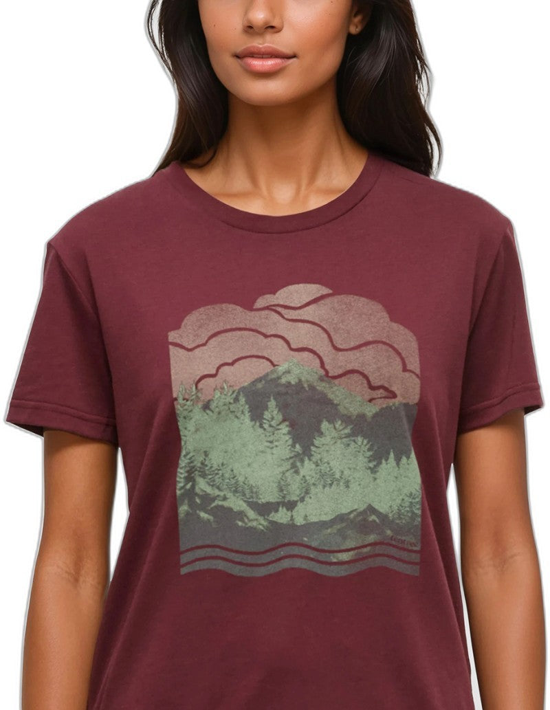 Cloud Valley T-Shirt - Womens - deep burgundy / duck green 1