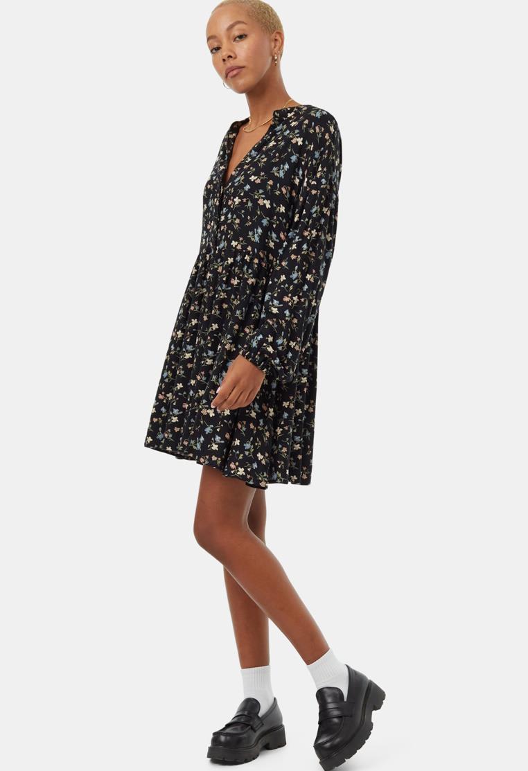 EcoWoven Crepe LS Dress - meteorite black / blossom 1
