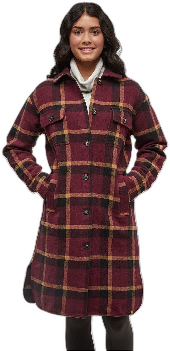 Heavy Weight Flannel Long Jacket - Womens - deep burgundy / modern plaid / vintage white 1
