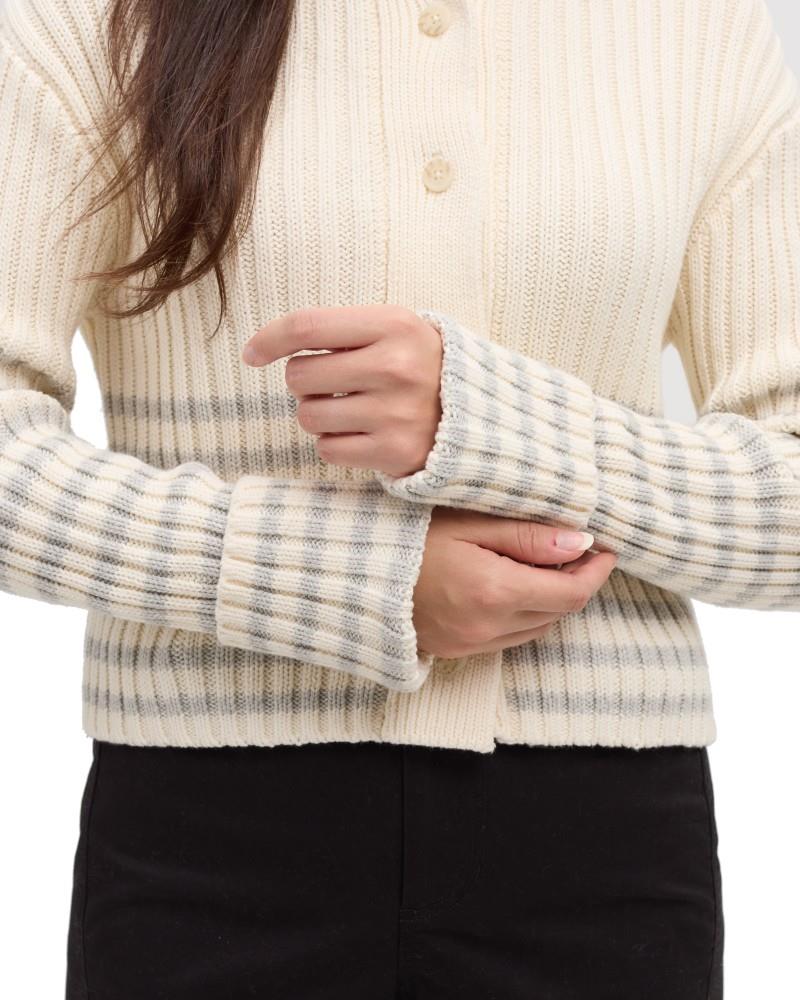 Monarch Cardigan - Womens - cotton white / light grey heather barre stripe 1